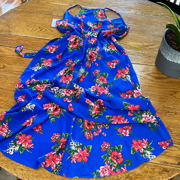 Dream of Me tropical floral dress.  Size Large. Blue and red. Hi low hemline. - Picture 6 of 13